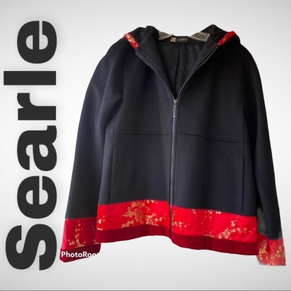 SEARLE VINTAGE HOODED 100% WOOL SATIN VELVET TRIM CHERRY BLOSSOM SHORT COAT, 6 - Picture 3 of 7